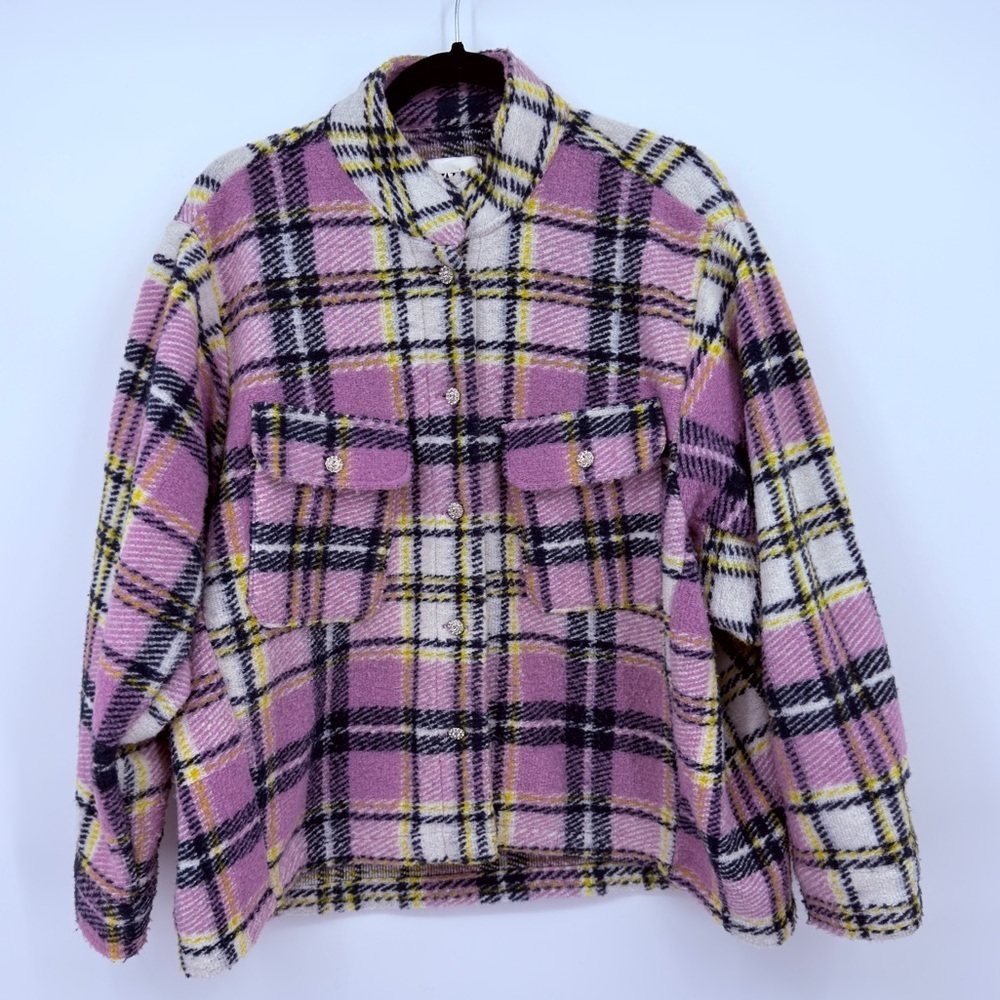 ZARA Pink Plaid Shacket Jacket Women Size S Oversized Button Front Shirt Jacket